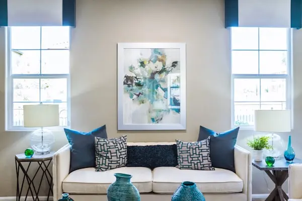 Cream living room with blue accents